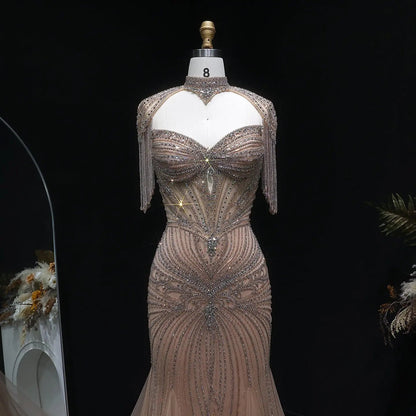 Luxury Champagne Beaded Crystal Evening Dress with Tassel Shoulder SS021