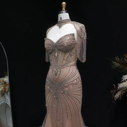Luxury Champagne Beaded Crystal Evening Dress with Tassel Shoulder SS021