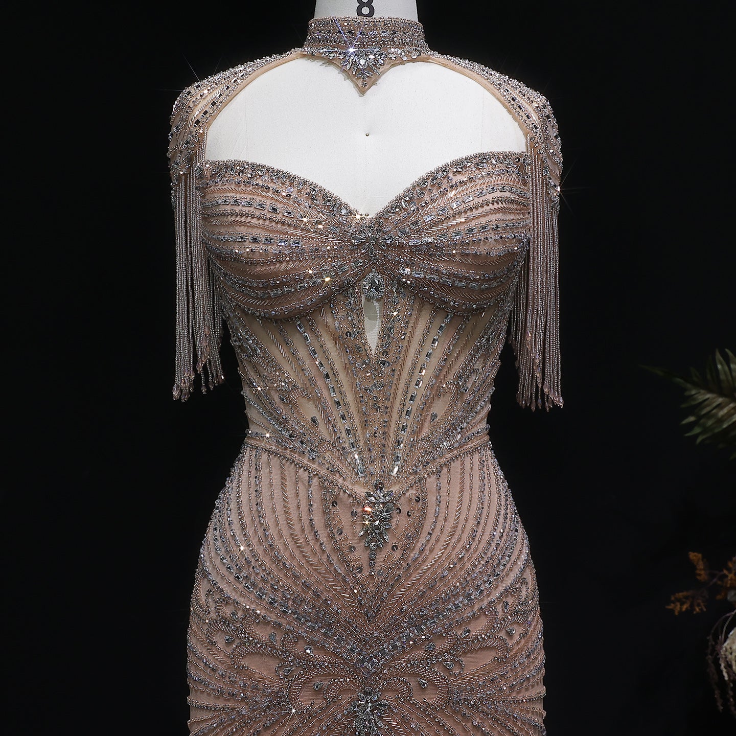 Champagne Beaded Crystal Tassel Shoulder Luxury Evening Dress SS021