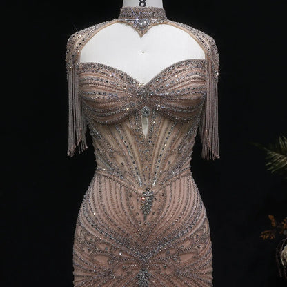 Luxury Champagne Beaded Crystal Evening Dress with Tassel Shoulder SS021