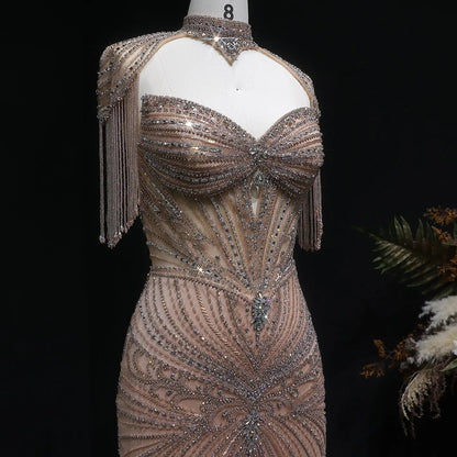 Luxury Champagne Beaded Crystal Evening Dress with Tassel Shoulder SS021