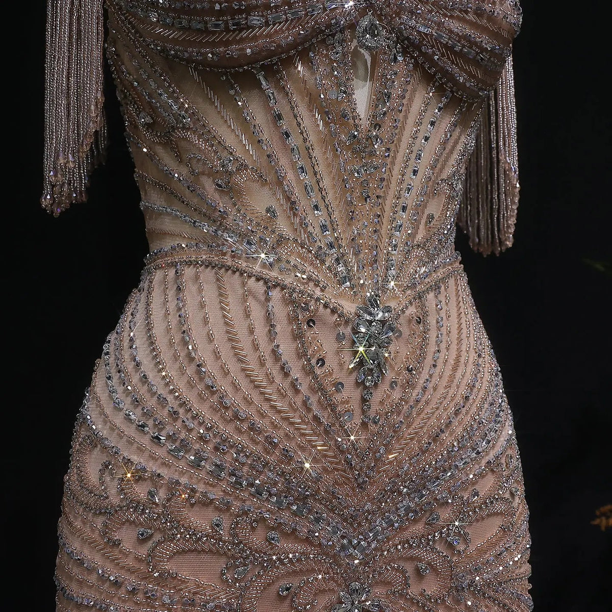 Luxury Champagne Beaded Crystal Evening Dress with Tassel Shoulder SS021
