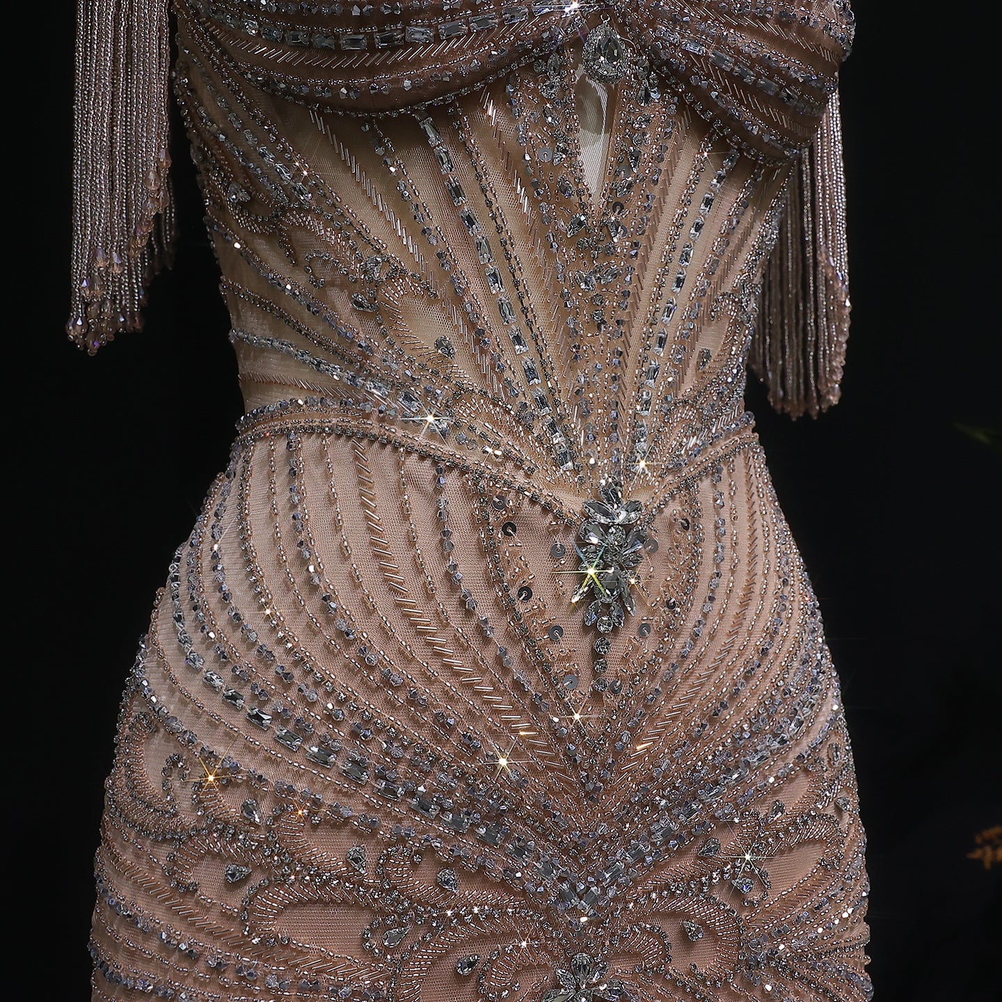 Champagne Beaded Crystal Tassel Shoulder Luxury Evening Dress SS021