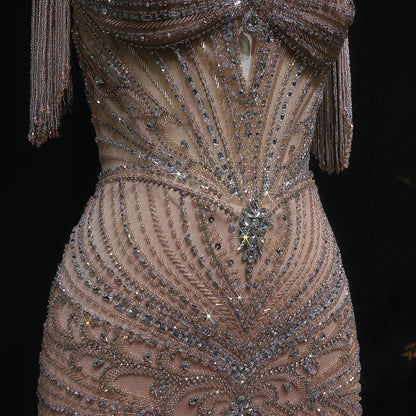 Luxury Champagne Beaded Crystal Evening Dress with Tassel Shoulder SS021
