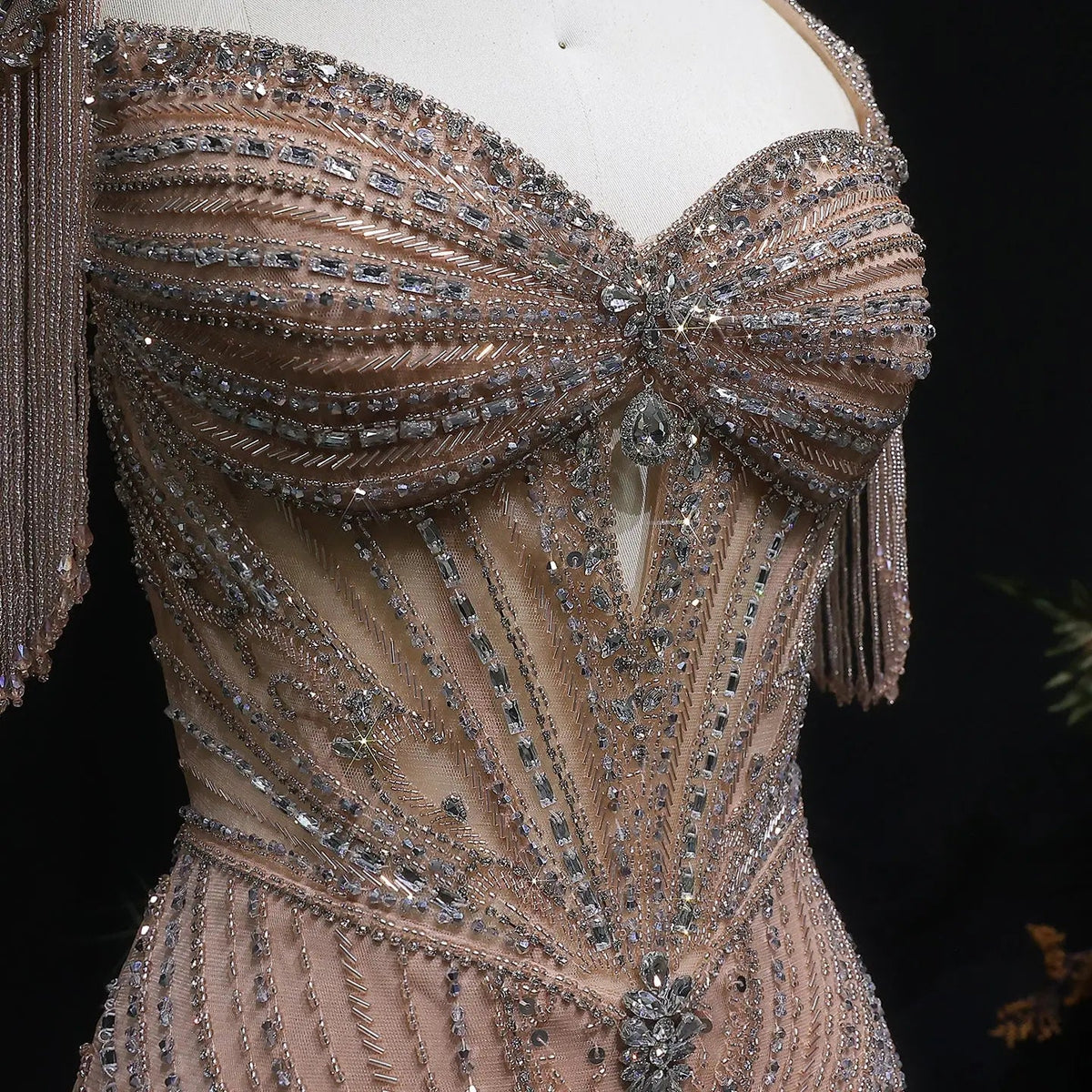 Luxury Champagne Beaded Crystal Evening Dress with Tassel Shoulder SS021