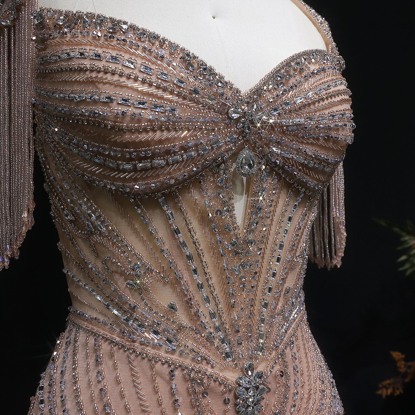 Champagne Beaded Crystal Tassel Shoulder Luxury Evening Dress SS021