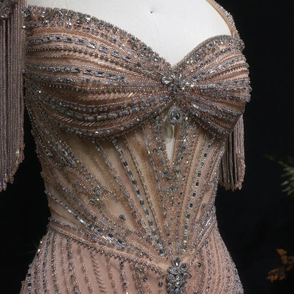 Luxury Champagne Beaded Crystal Evening Dress with Tassel Shoulder SS021