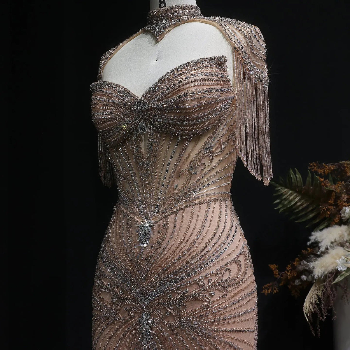 Luxury Champagne Beaded Crystal Evening Dress with Tassel Shoulder SS021