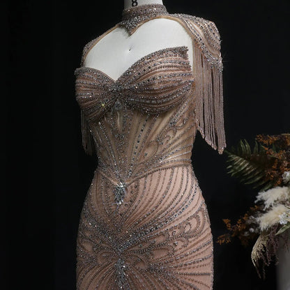 Luxury Champagne Beaded Crystal Evening Dress with Tassel Shoulder SS021