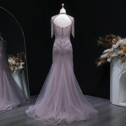 Luxury Champagne Beaded Crystal Evening Dress with Tassel Shoulder SS021