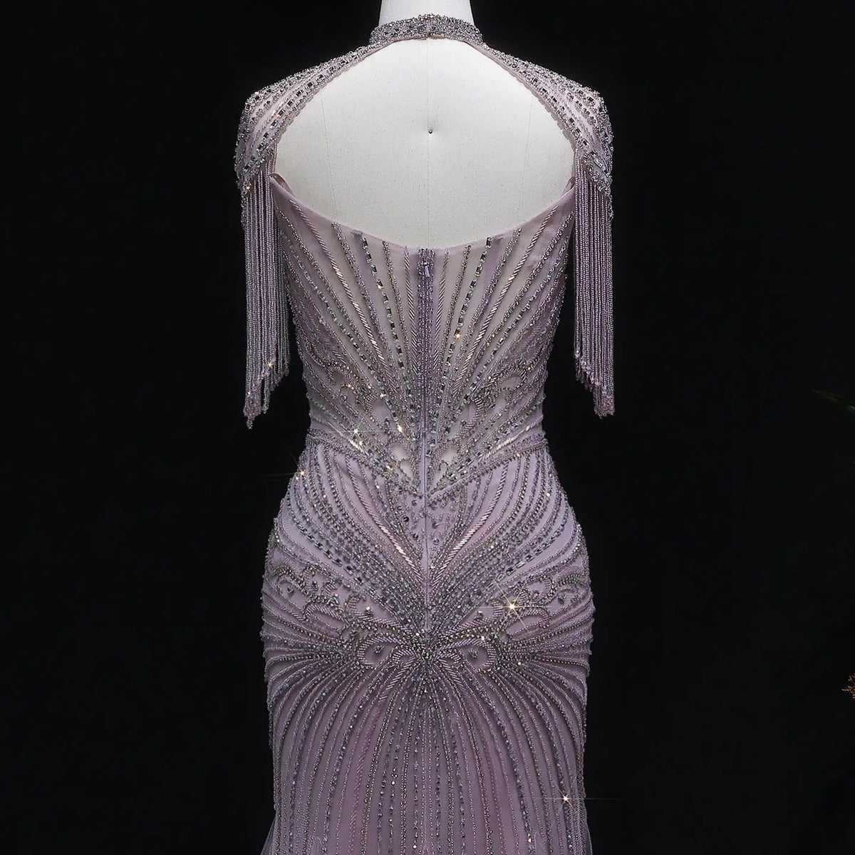 Luxury Champagne Beaded Crystal Evening Dress with Tassel Shoulder SS021