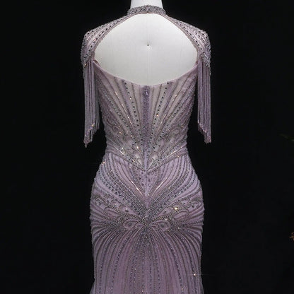 Luxury Champagne Beaded Crystal Evening Dress with Tassel Shoulder SS021
