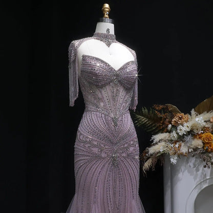 Luxury Champagne Beaded Crystal Evening Dress with Tassel Shoulder SS021