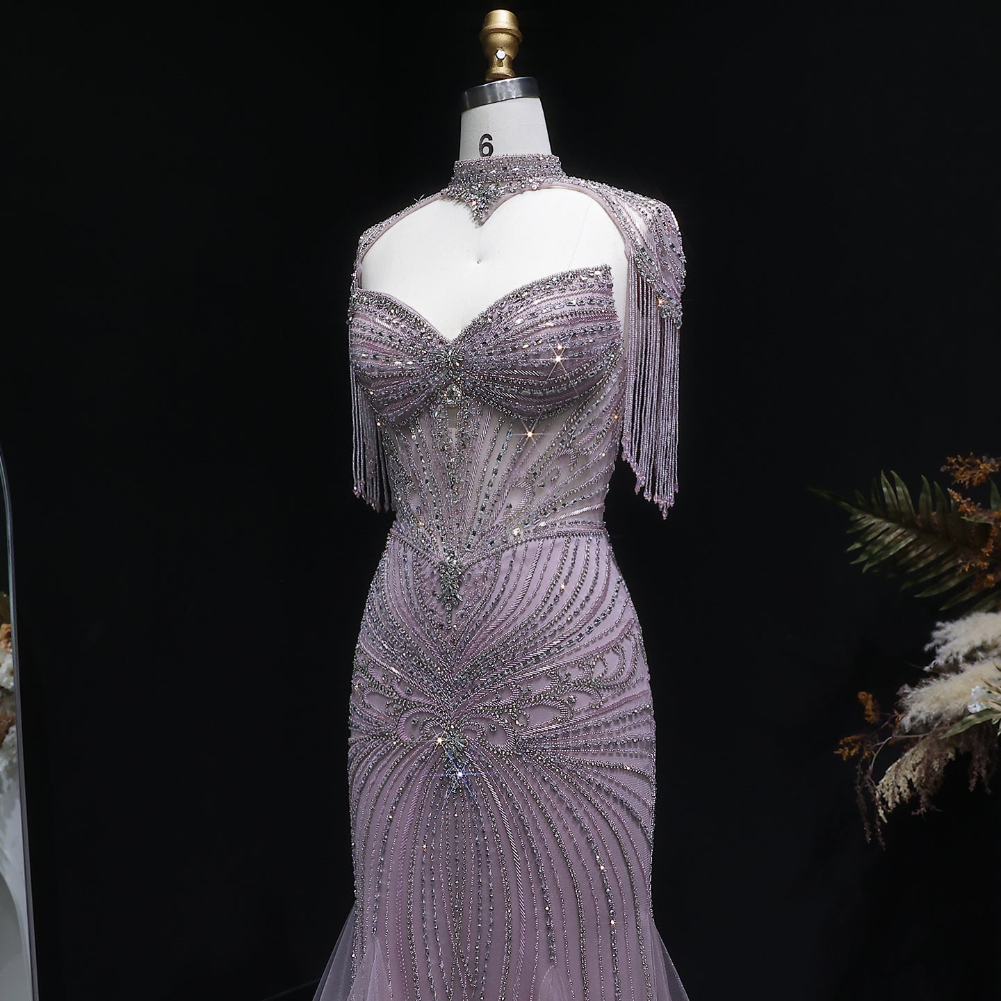Champagne Beaded Crystal Tassel Shoulder Luxury Evening Dress SS021