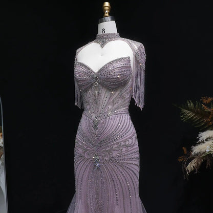 Luxury Champagne Beaded Crystal Evening Dress with Tassel Shoulder SS021