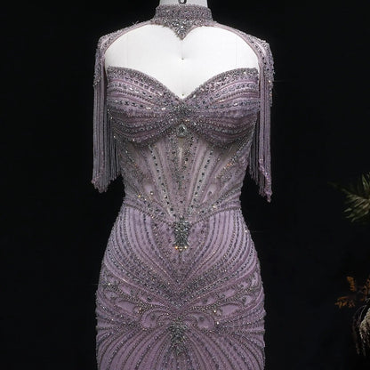 Luxury Champagne Beaded Crystal Evening Dress with Tassel Shoulder SS021