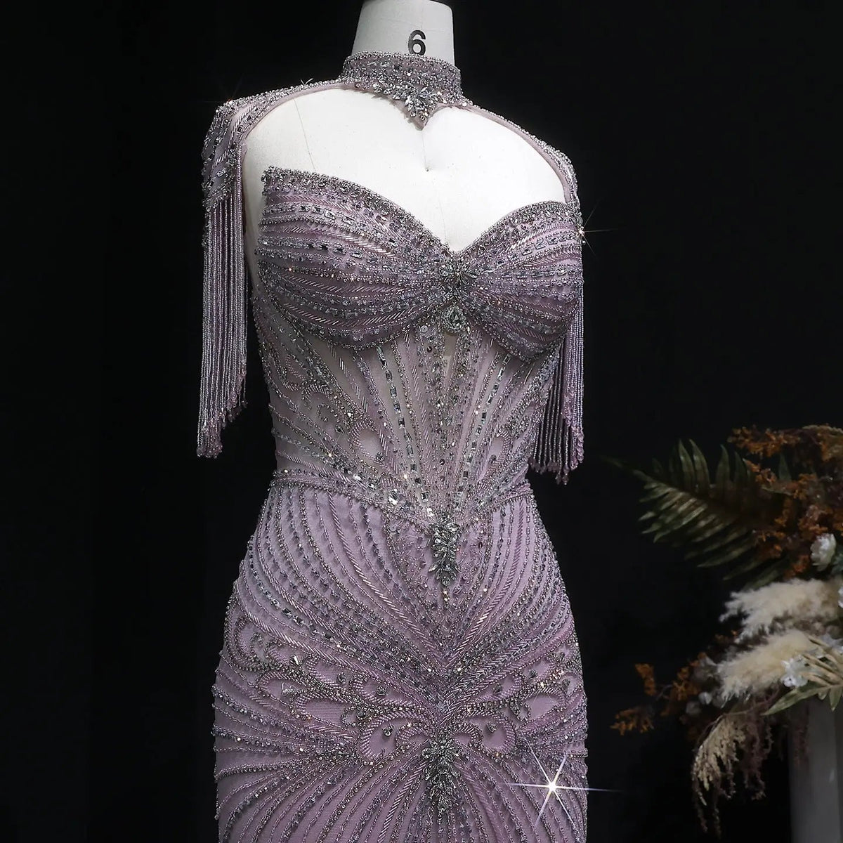Luxury Champagne Beaded Crystal Evening Dress with Tassel Shoulder SS021