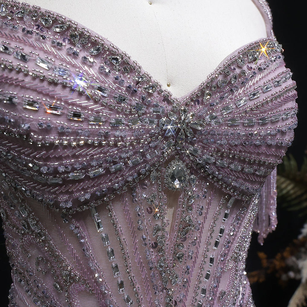 Champagne Beaded Crystal Tassel Shoulder Luxury Evening Dress SS021