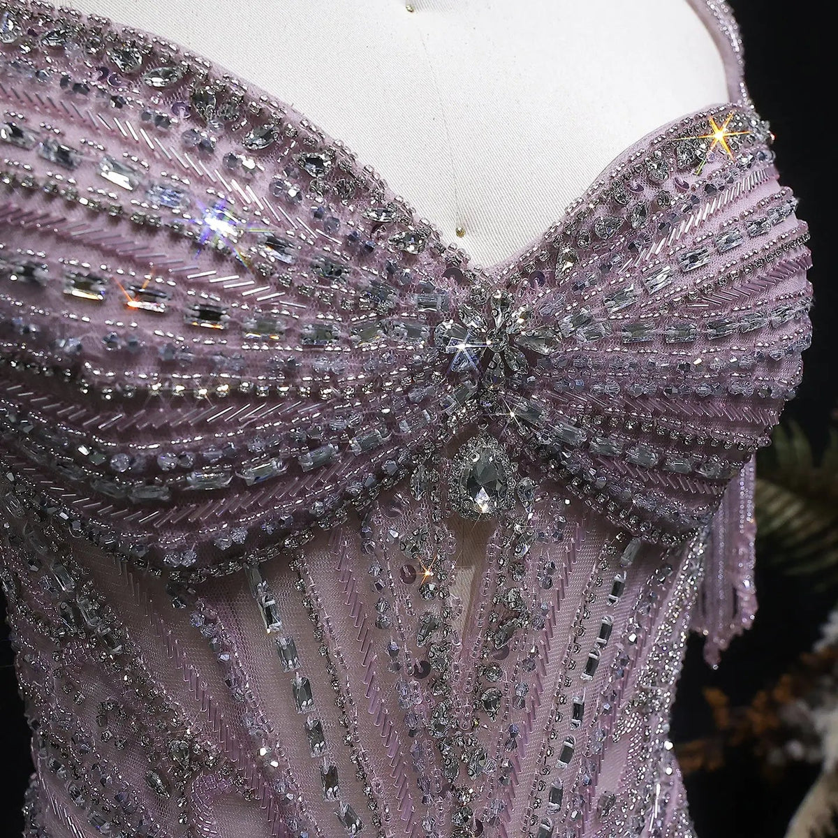 Luxury Champagne Beaded Crystal Evening Dress with Tassel Shoulder SS021