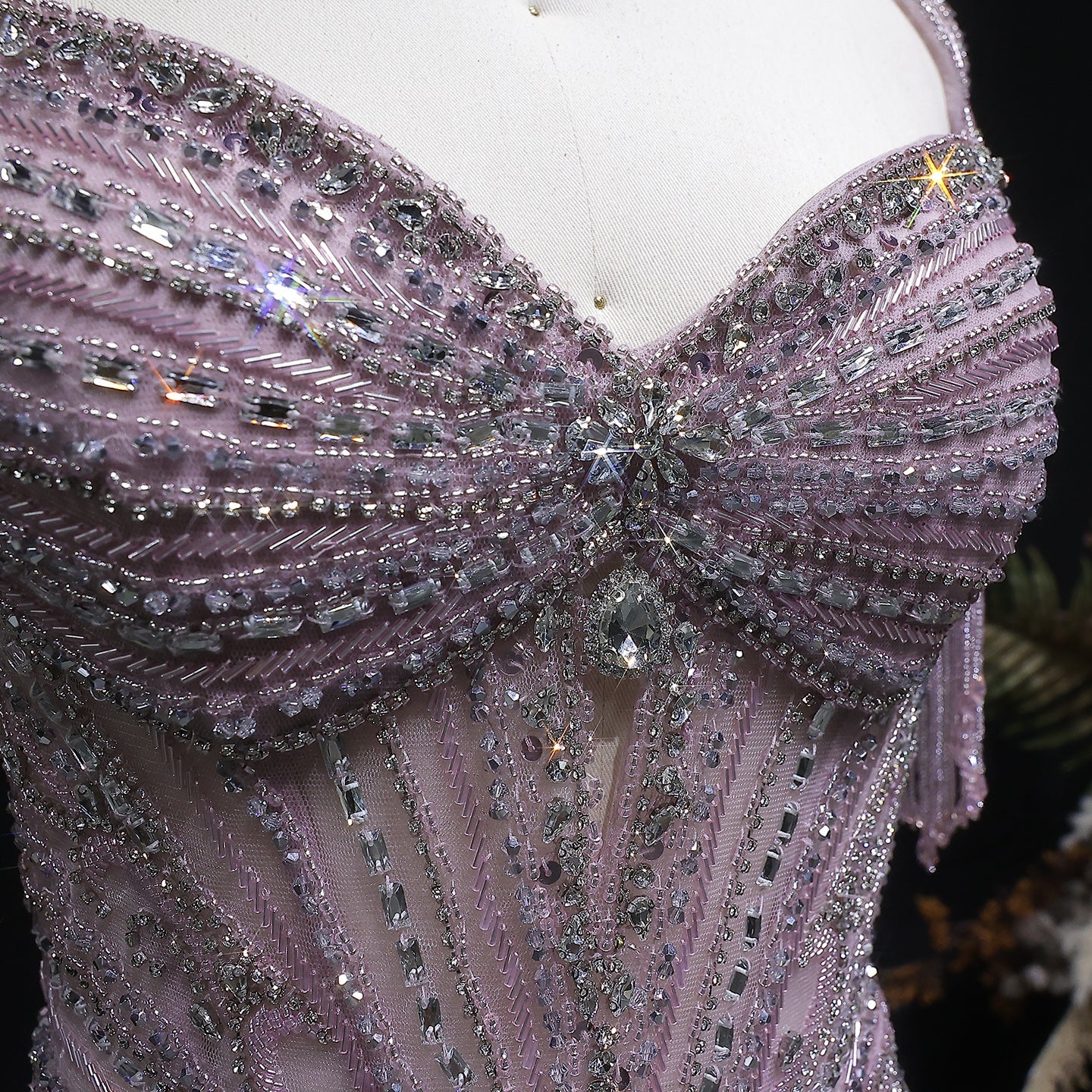 Champagne Beaded Crystal Tassel Shoulder Luxury Evening Dress SS021