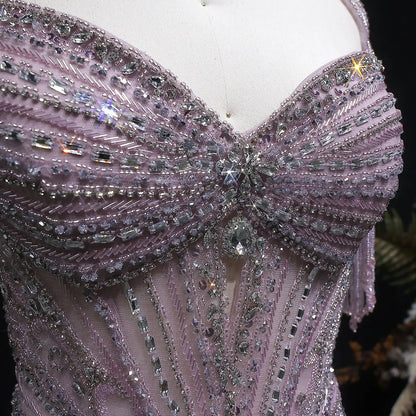 Luxury Champagne Beaded Crystal Evening Dress with Tassel Shoulder SS021