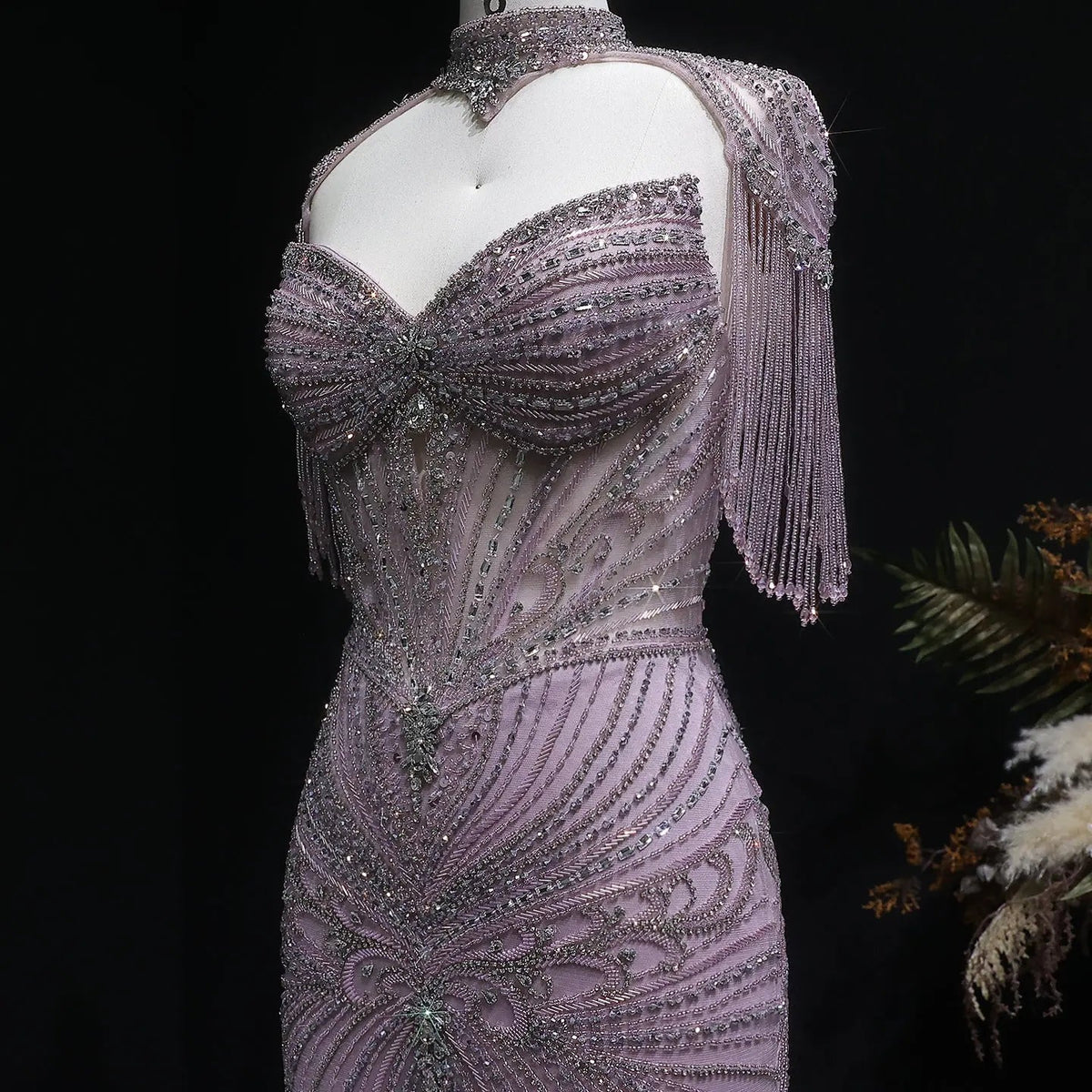 Luxury Champagne Beaded Crystal Evening Dress with Tassel Shoulder SS021