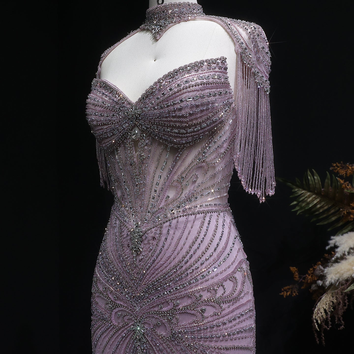 Champagne Beaded Crystal Tassel Shoulder Luxury Evening Dress SS021
