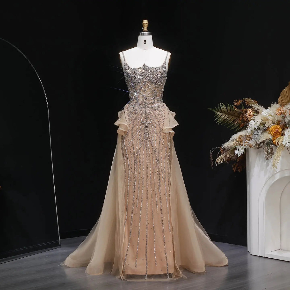 Luxury Champagne Mermaid Evening Dress with Overskirt SS026