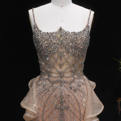 Luxury Champagne Mermaid Evening Dress with Overskirt SS026