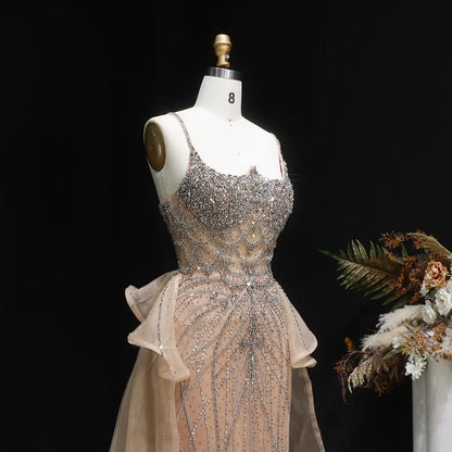 Luxury Champagne Mermaid Evening Dress with Overskirt SS026