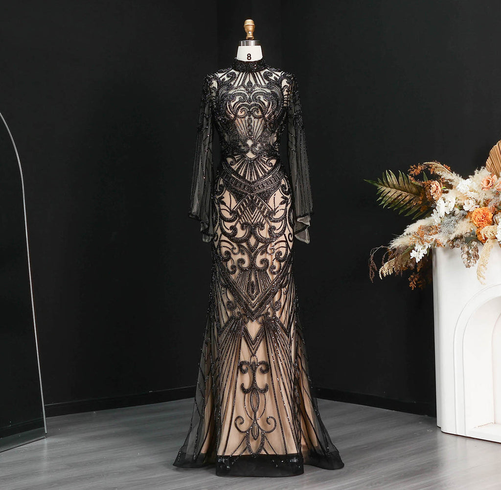 Luxury Black High Neck Beaded Mermaid Evening Dress SS055