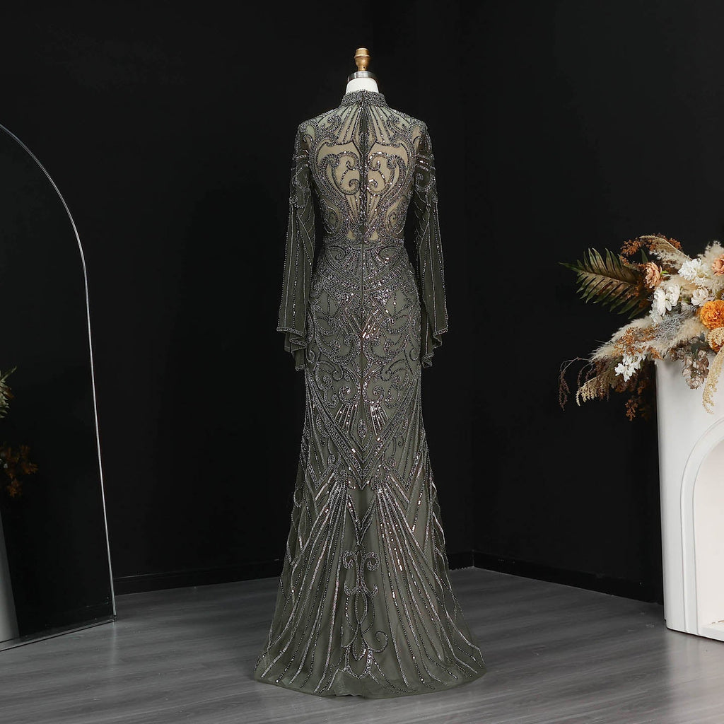 Luxury Black High Neck Beaded Mermaid Evening Dress SS055