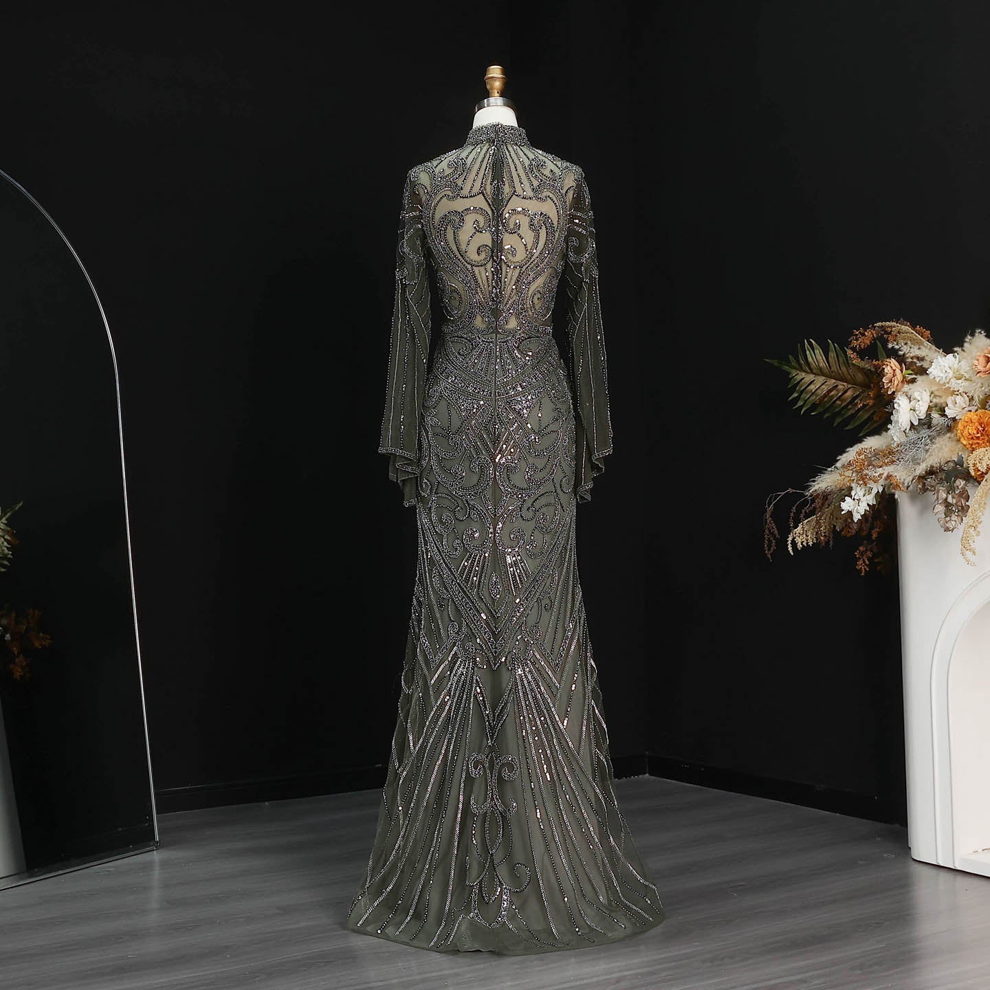 Luxury Black High Neck Beaded Mermaid Evening Dress SS055
