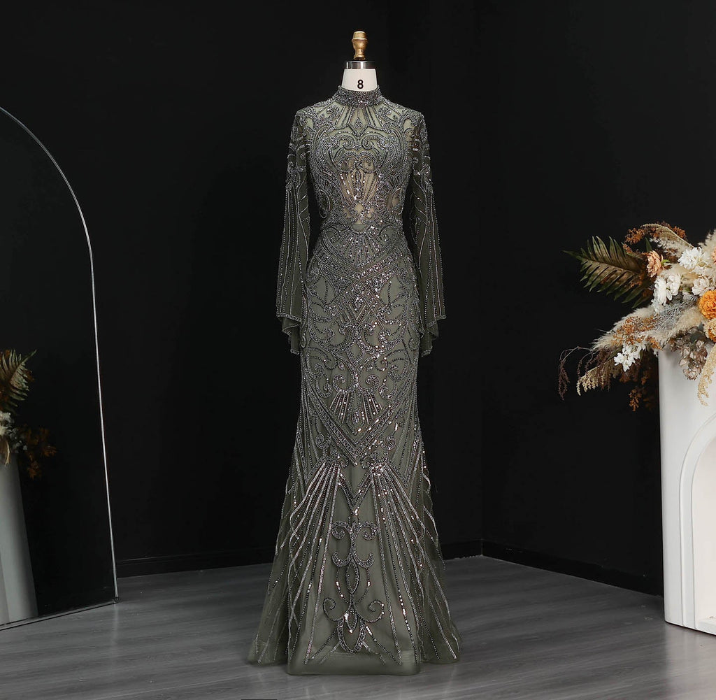 Luxury Black High Neck Beaded Mermaid Evening Dress SS055