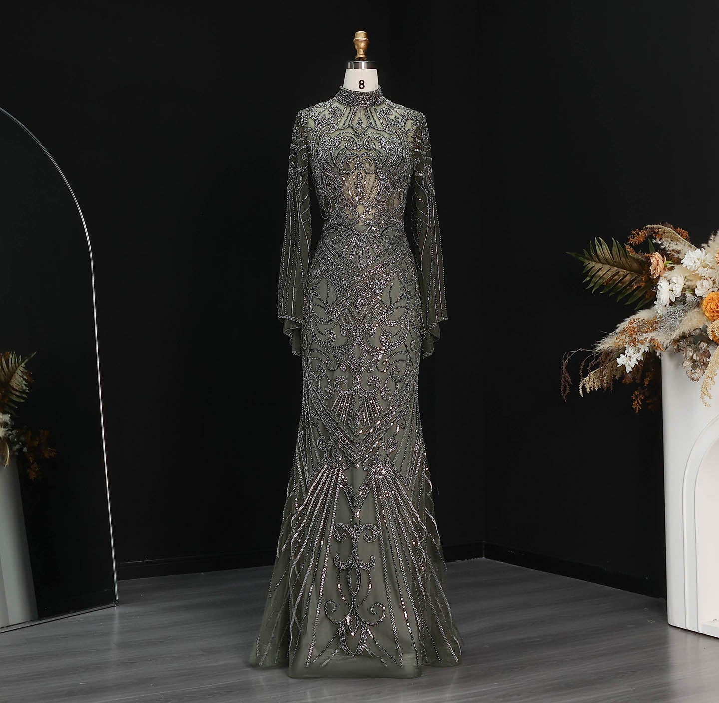 Luxury Black High Neck Beaded Mermaid Evening Dress SS055