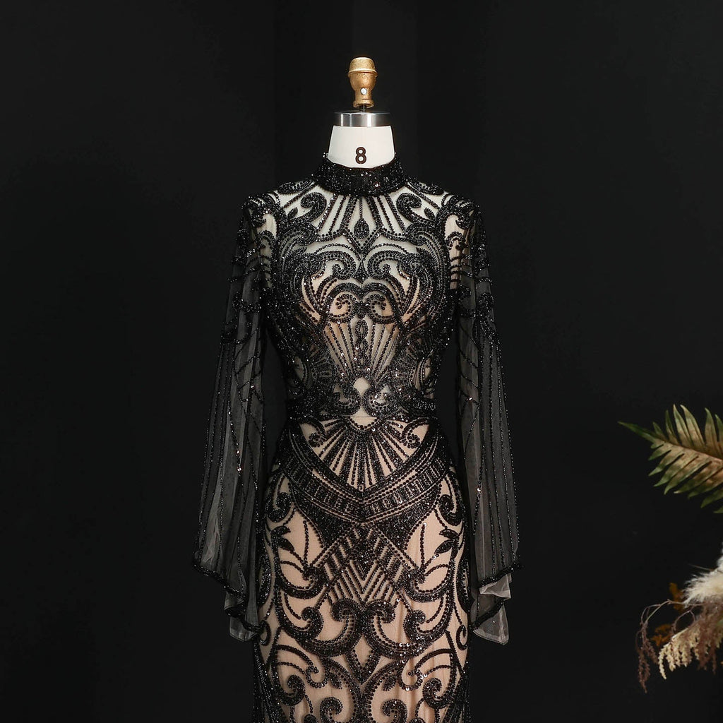 Luxury Black High Neck Beaded Mermaid Evening Dress SS055
