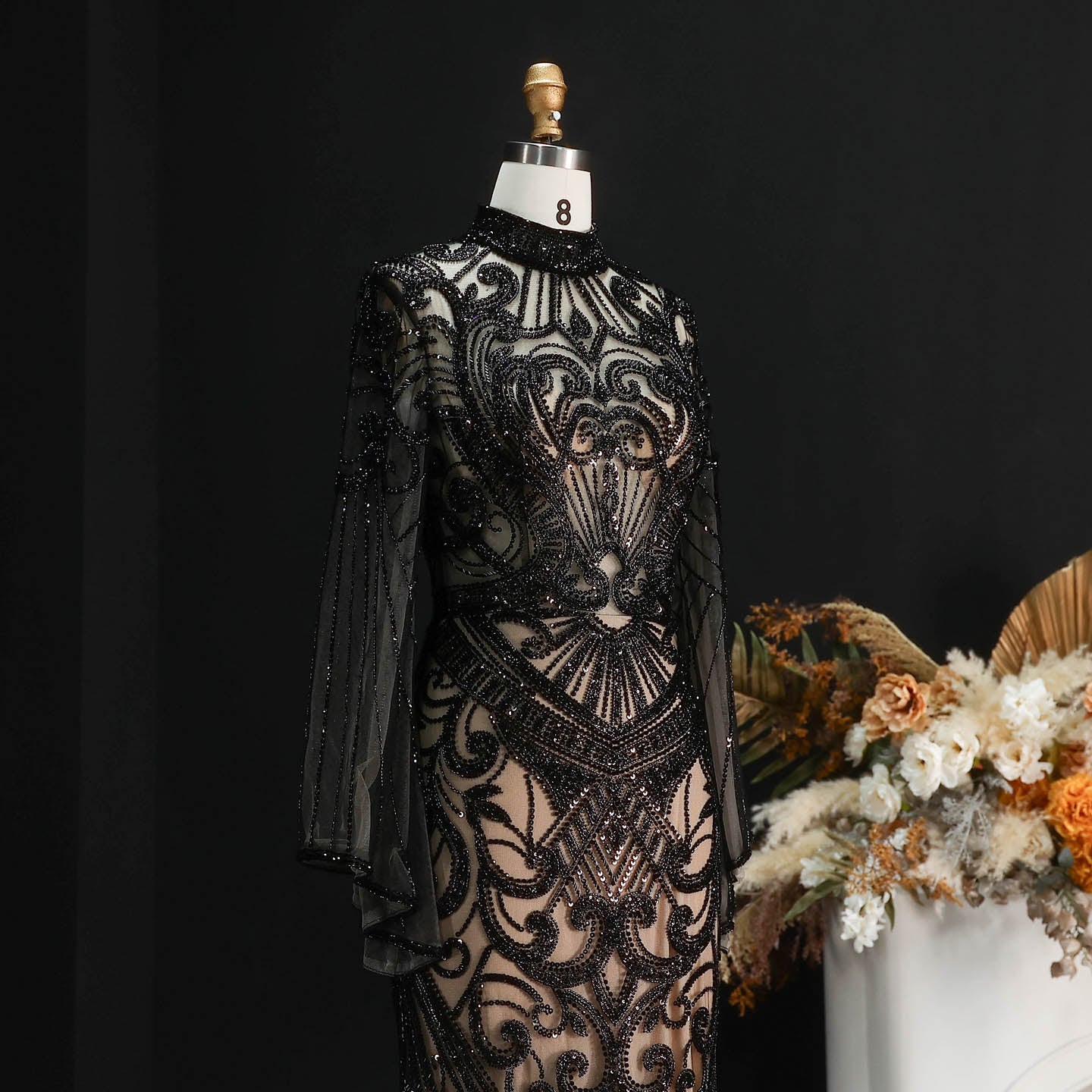 Luxury Black High Neck Beaded Mermaid Evening Dress SS055