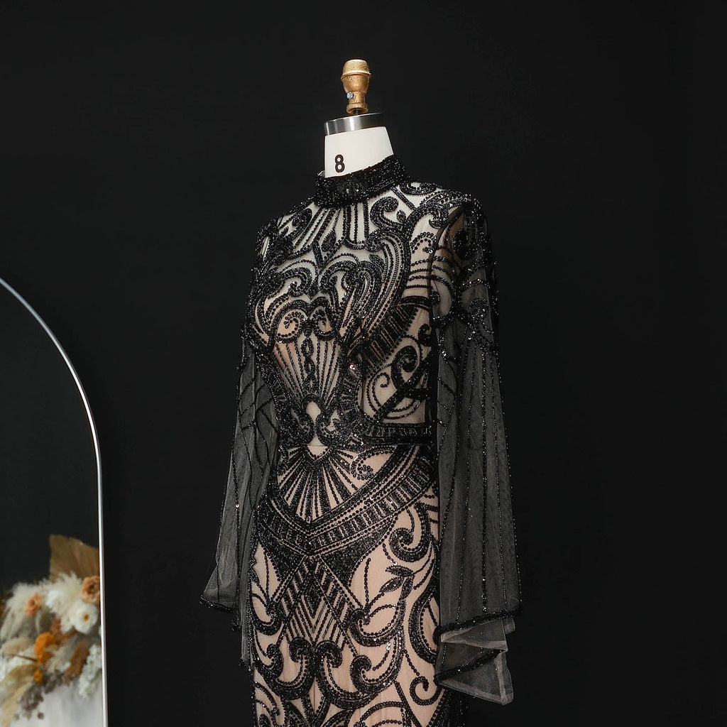 Luxury Black High Neck Beaded Mermaid Evening Dress SS055