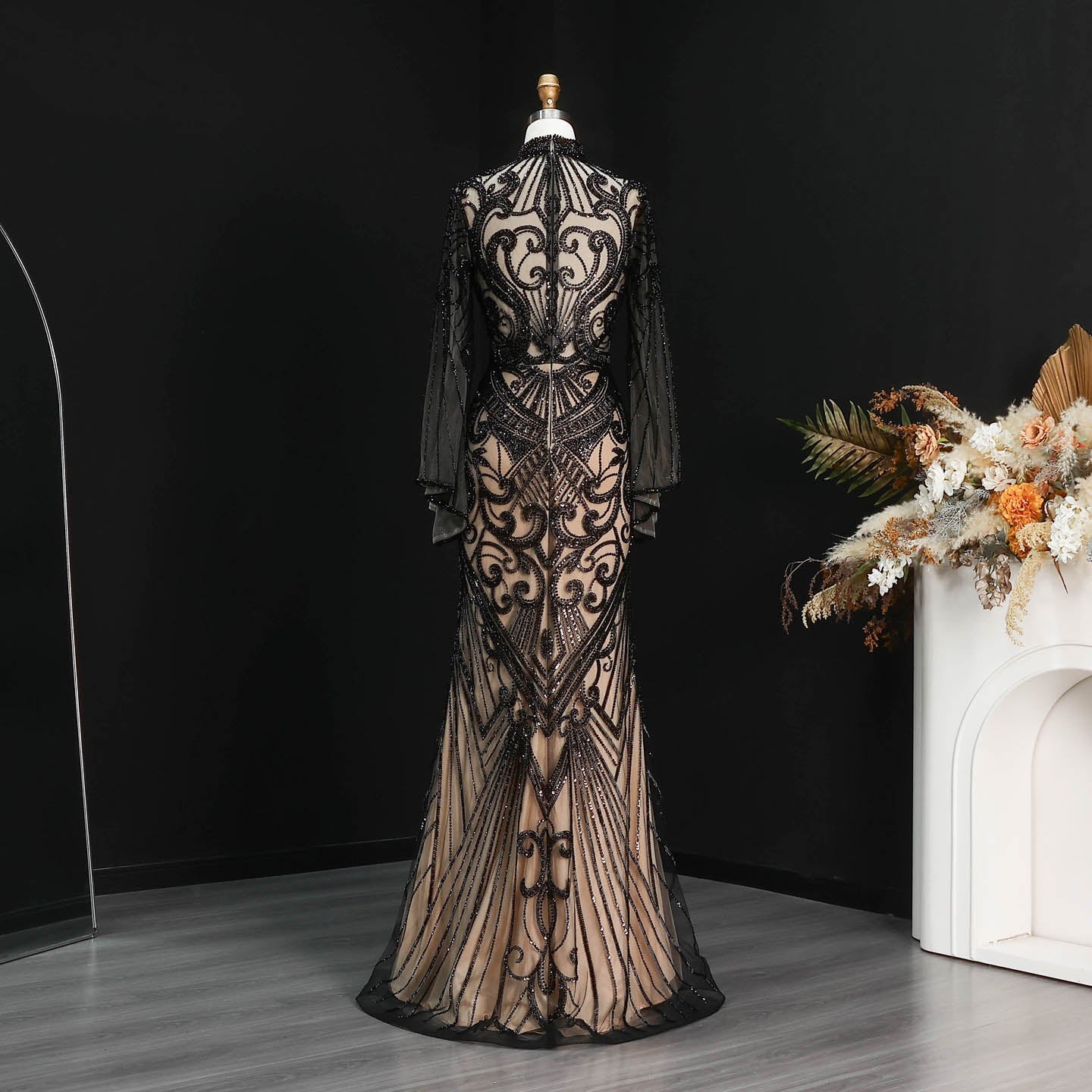 Luxury Black High Neck Beaded Mermaid Evening Dress SS055