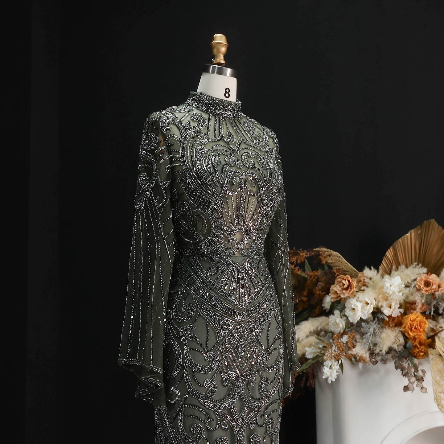 Luxury Black High Neck Beaded Mermaid Evening Dress SS055