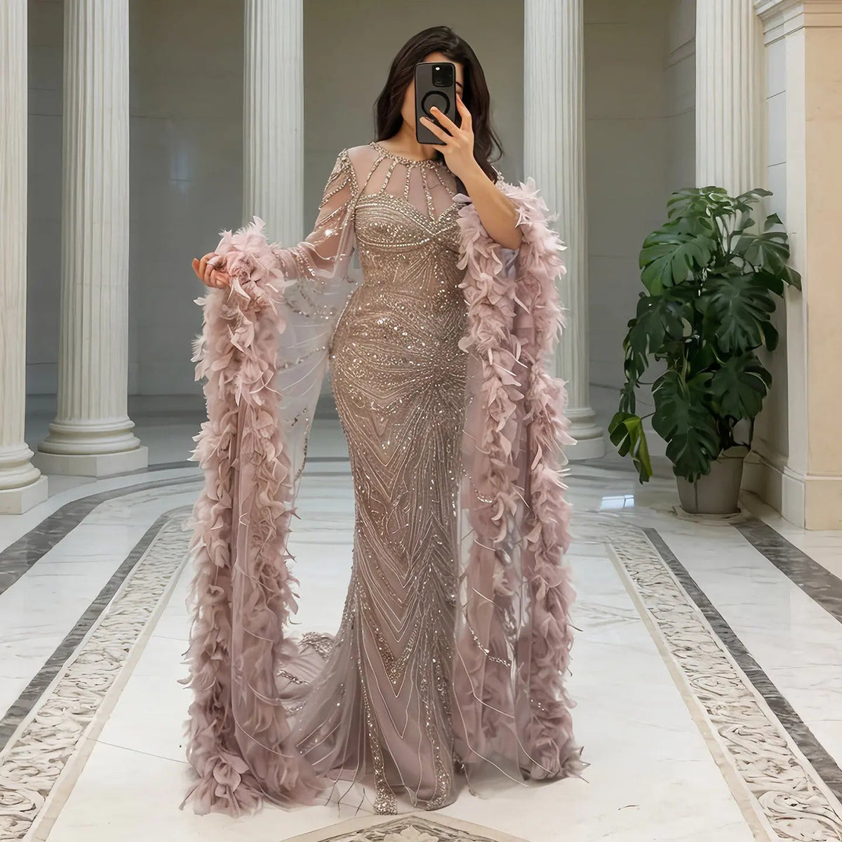 Luxury Beaded Evening Dress with Feather Cape Sleeves SS082