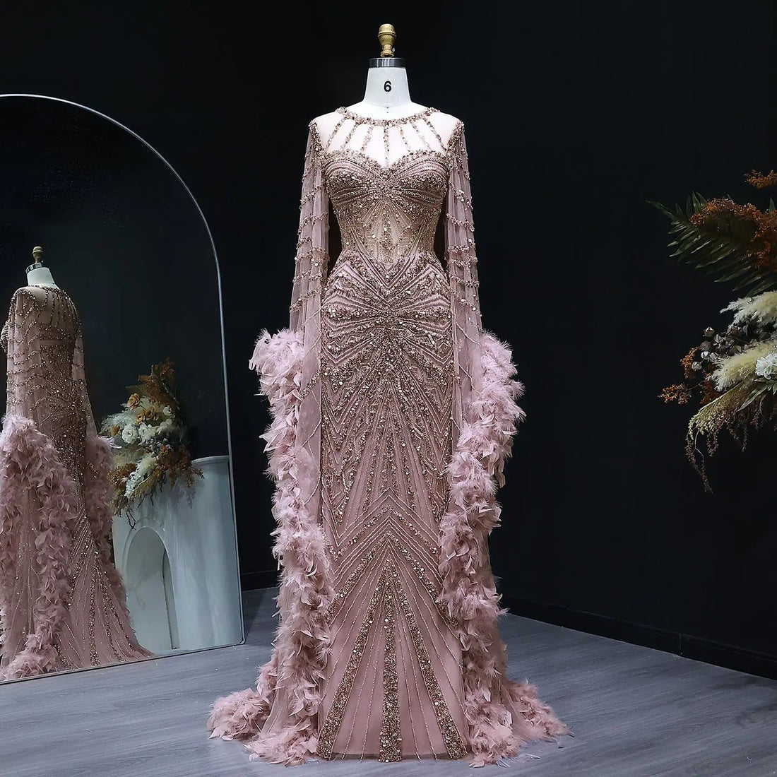 Luxury Beaded Evening Dress with Feather Cape Sleeves SS082