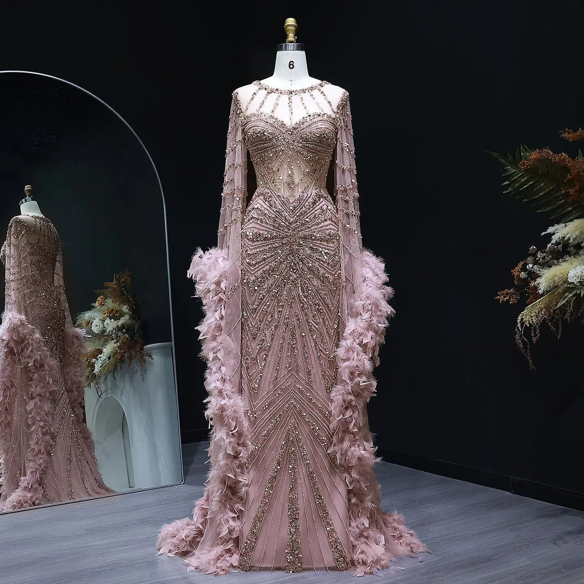 Luxury Beaded Evening Dress with Feather Cape Sleeves SS082