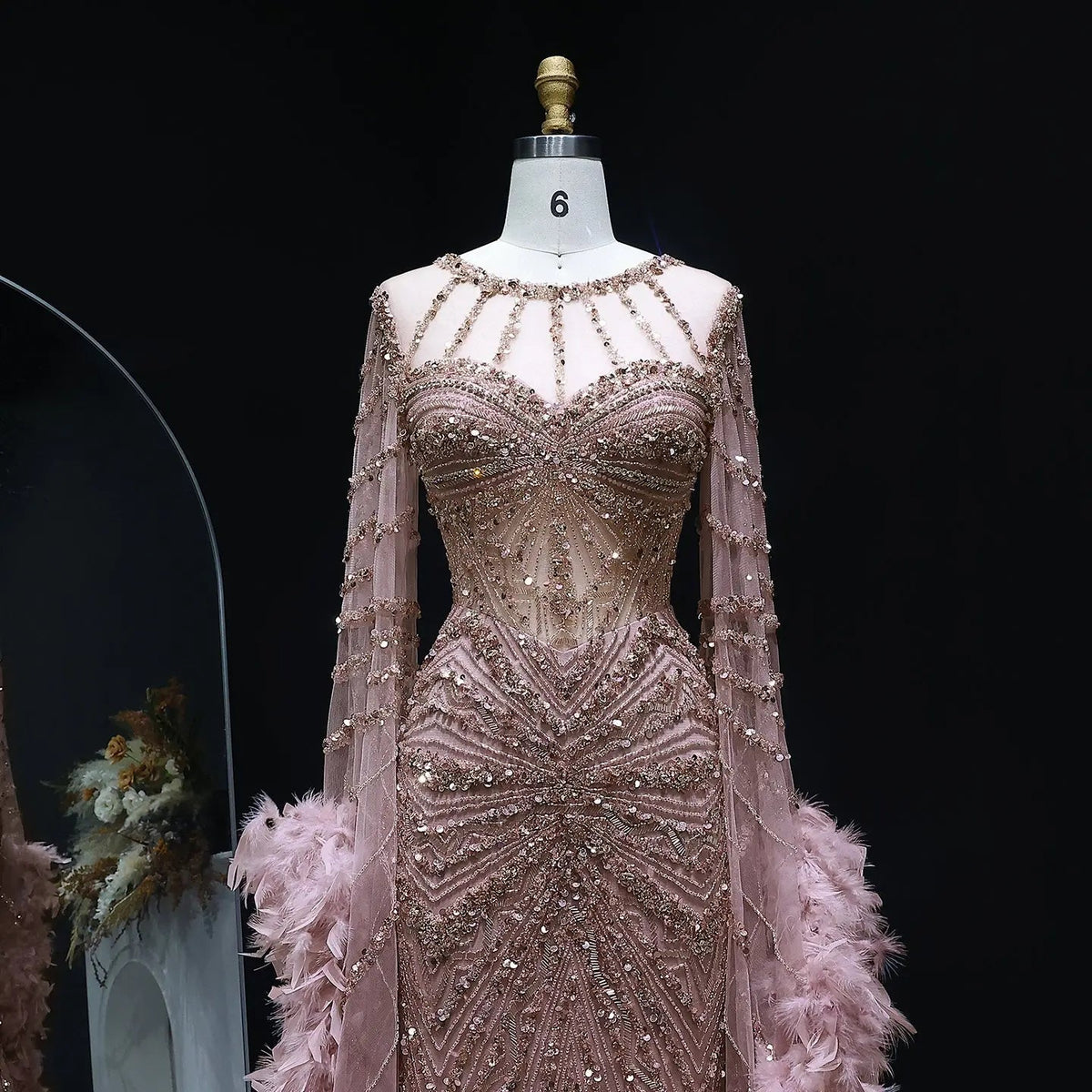 Luxury Beaded Evening Dress with Feather Cape Sleeves SS082
