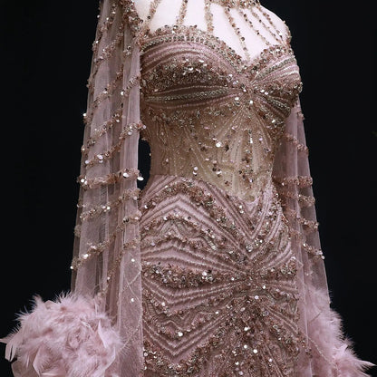 Luxury Beaded Evening Dress with Feather Cape Sleeves SS082