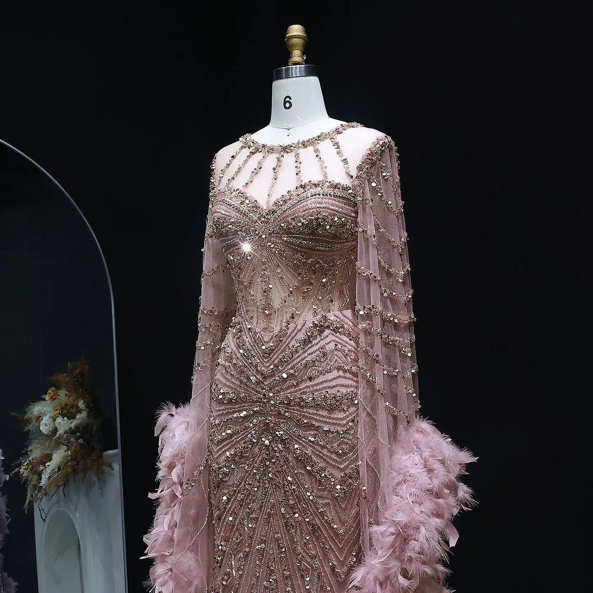 Luxury Beaded Evening Dress with Feather Cape Sleeves SS082