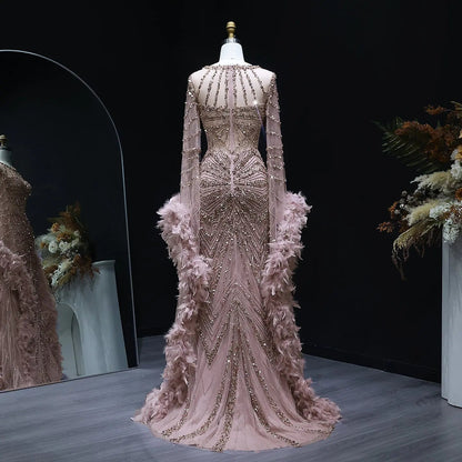 Luxury Beaded Evening Dress with Feather Cape Sleeves SS082