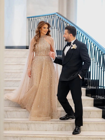 Luxury Beaded Turquoise Evening Dress with Cape SS085