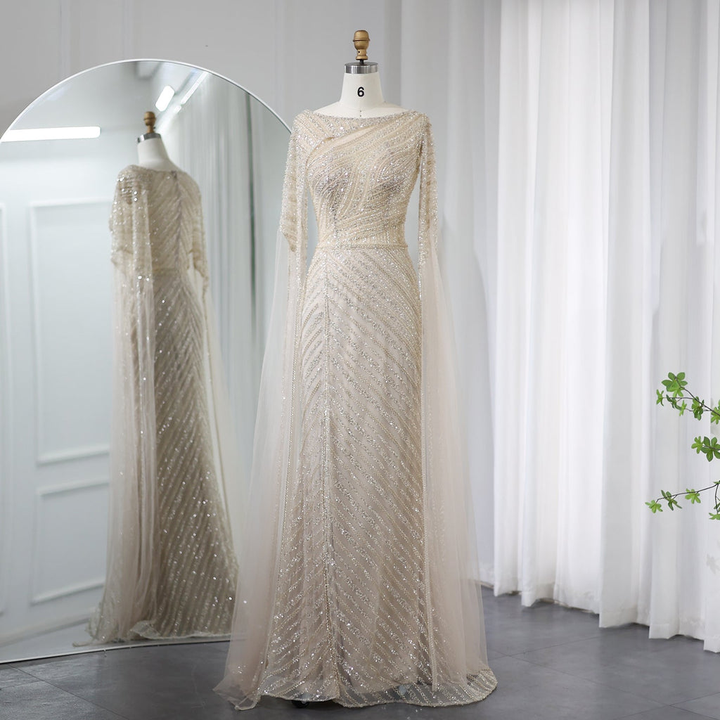 Luxury Beaded Blue Mermaid Evening Dress with Cape Sleeves SS087