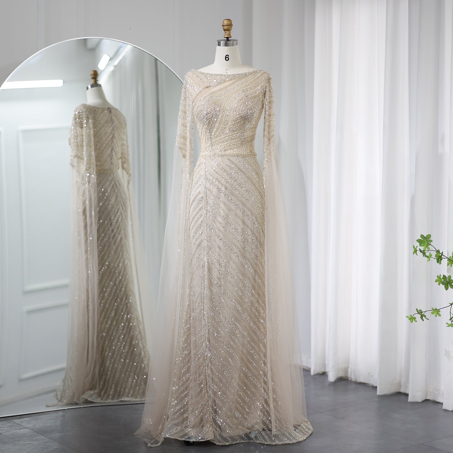 Luxury Beaded Blue Mermaid Evening Dress with Cape Sleeves SS087